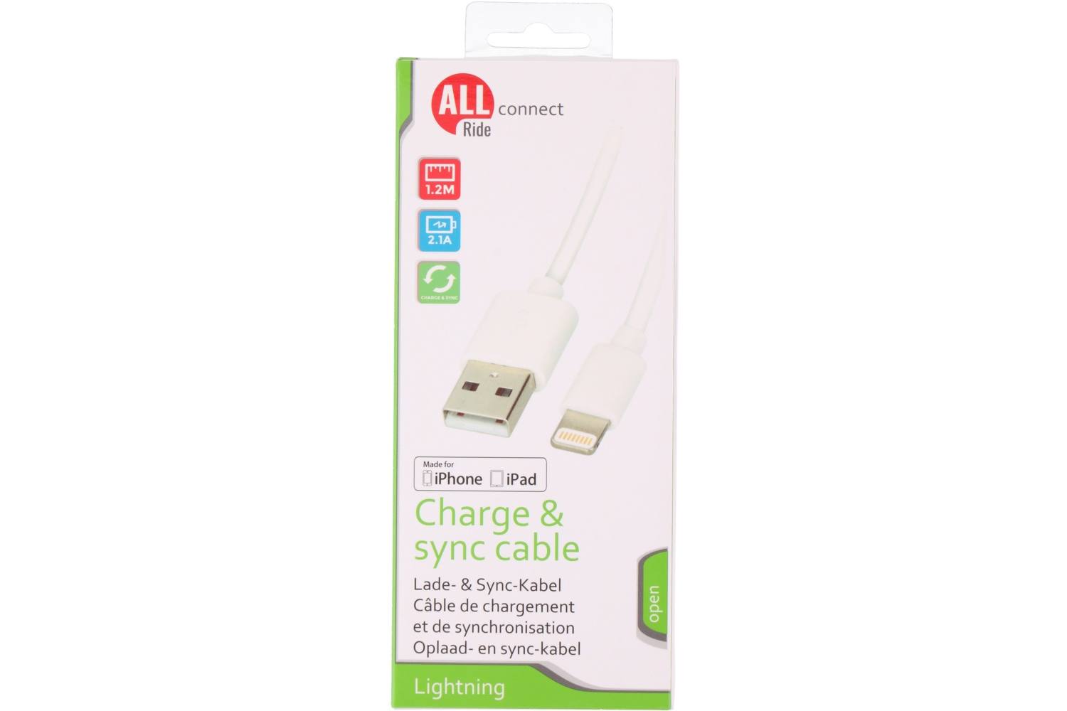 Sync and charge cable, AllRide Connect, 2.1A, USB A to lightning, white, 120cm, PVC 2
