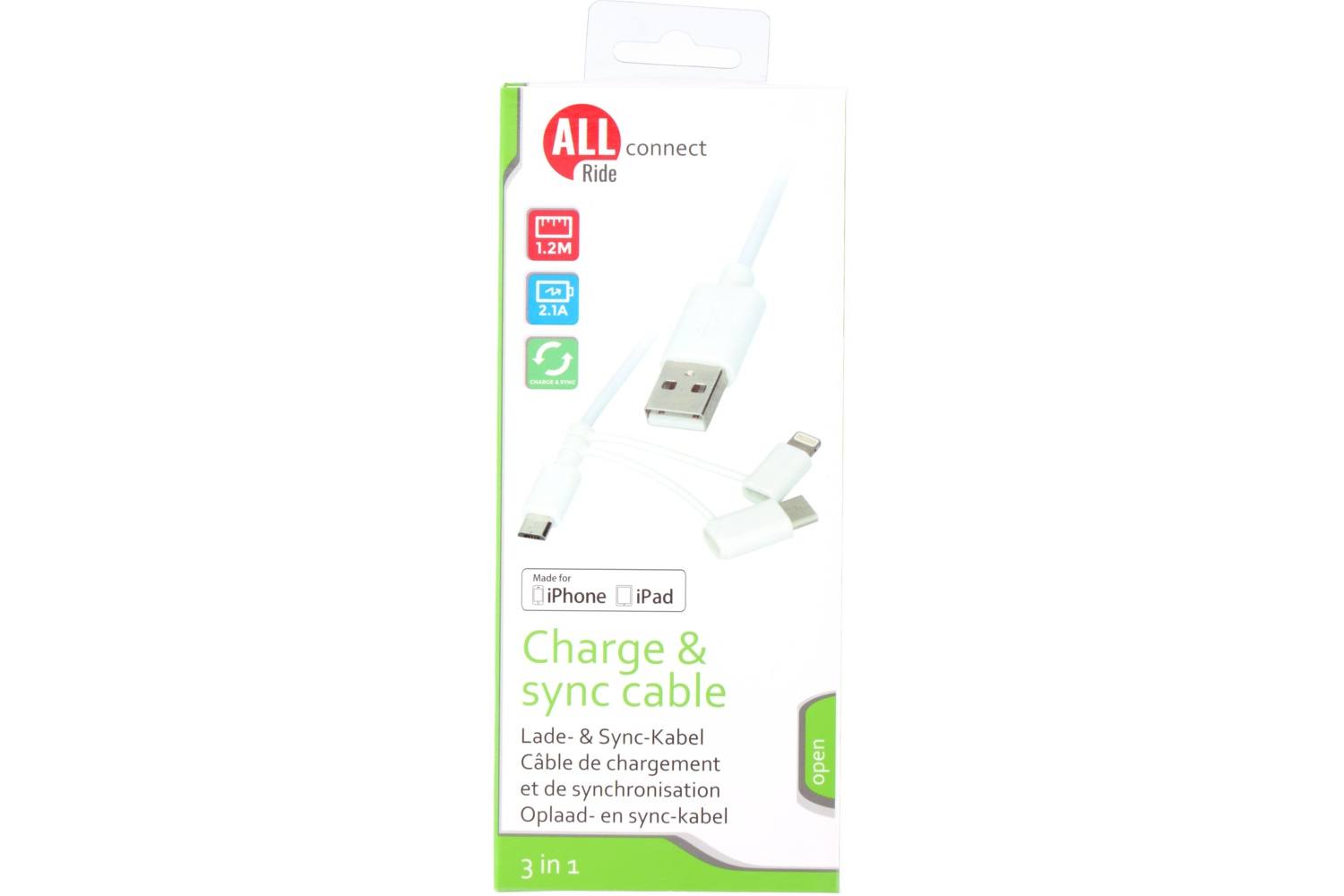 Sync and charge cable, AllRide Connect, 2.1A, white, 120cm, 3-in-1, PVC 2