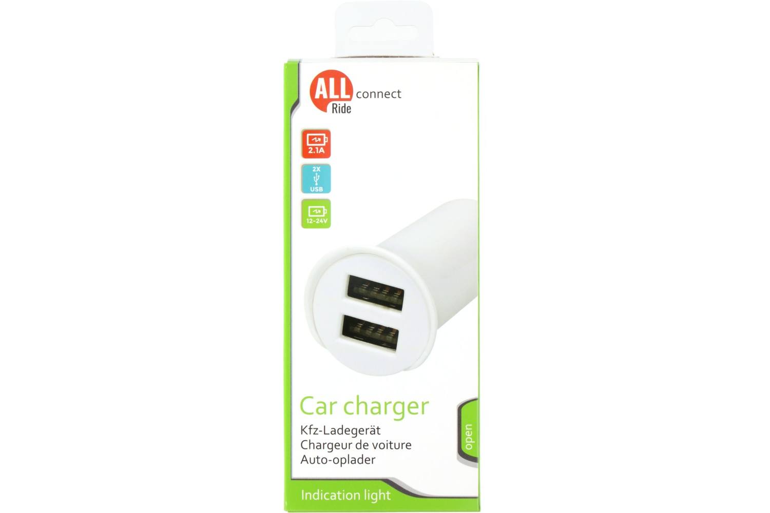 Car charger, AllRide Connect, 2.1A, 12/24V, 2x USB A, white 2