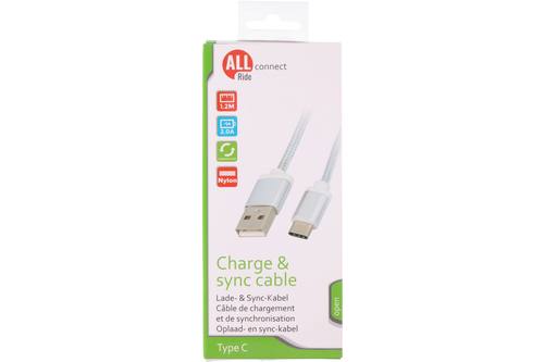 Sync and charge cable, AllRide Connect, 2.0A, USB A to C, white, 120cm, nylon 1