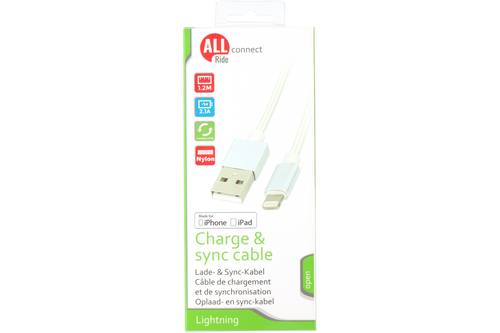 Sync and charge cable, AllRide Connect, 2.1A, USB A to lightning, white, 120cm, nylon 1